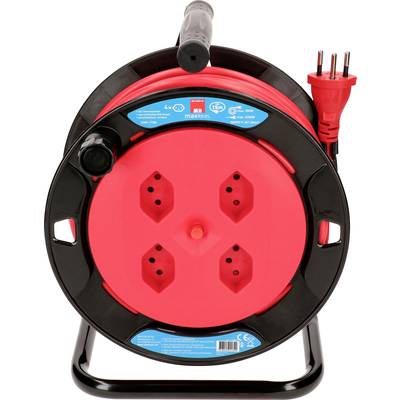 Eine rote Kabeltrommel mit vier Steckdosen und schwarzem Rahmen. Oben ist ein Griff, und ein rotes Kabel mit Stecker ist sichtbar.