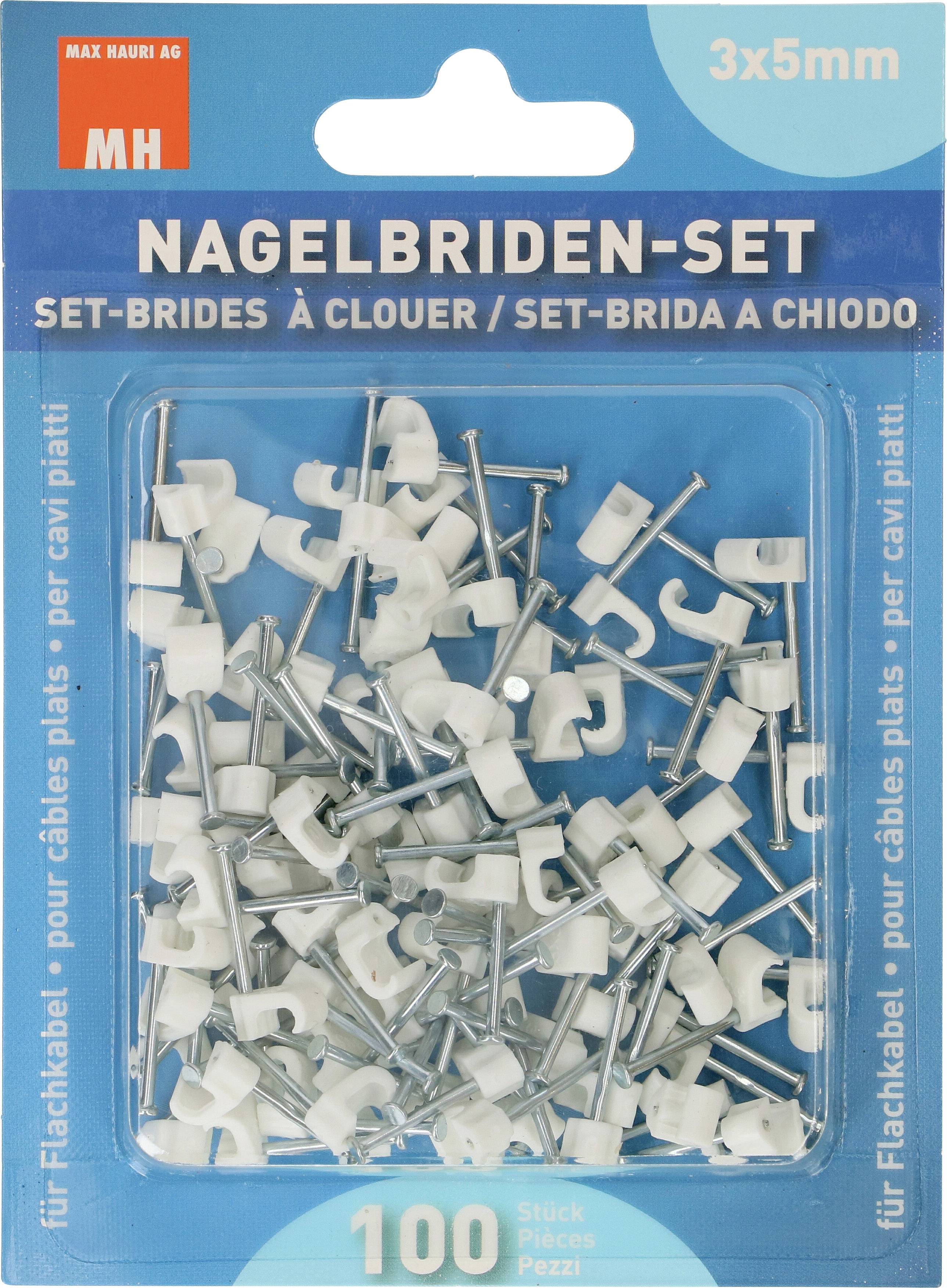 Verpackung mit 'Nagelbriden-Set', enthält 100 weiße Kabelbefestigungen mit Nägeln, geeignet für Flachkabel, Größe 3x5mm.