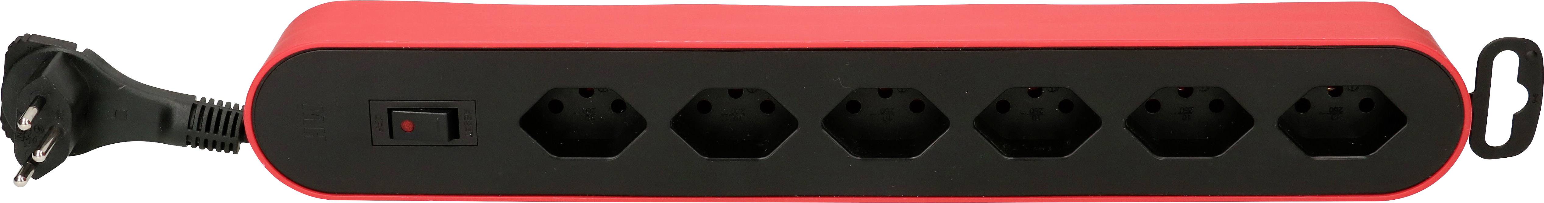 Eine rote Steckdosenleiste mit fünf schwarzen Steckplätzen und einem Schalter für Stromzufuhr, sowie einem Anschlusskabel.