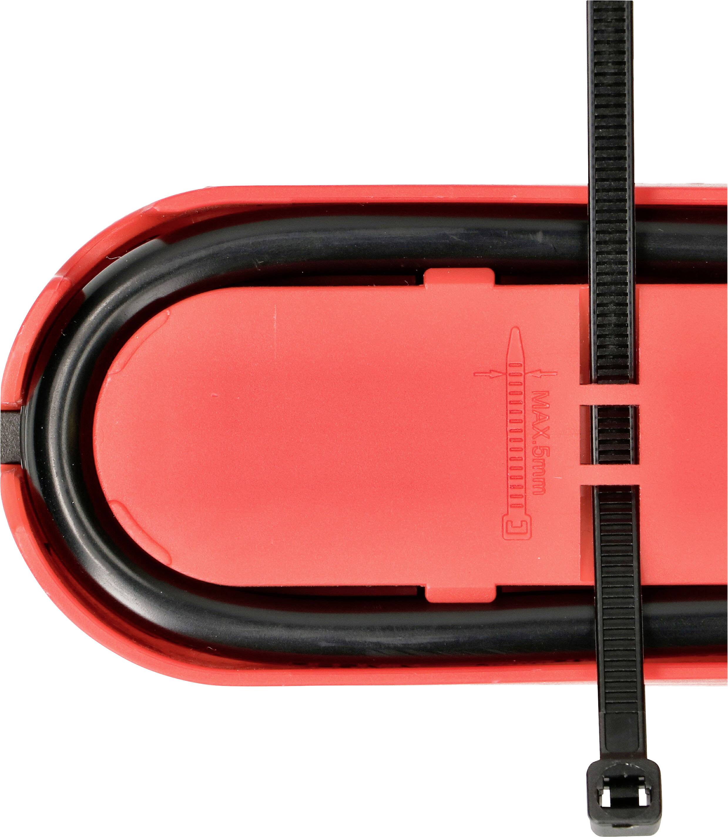 Rotes, ovales Kunststoffgehäuse mit schwarzen Kabeln, die mit einem schwarzen Kabelbinder gesichert sind.