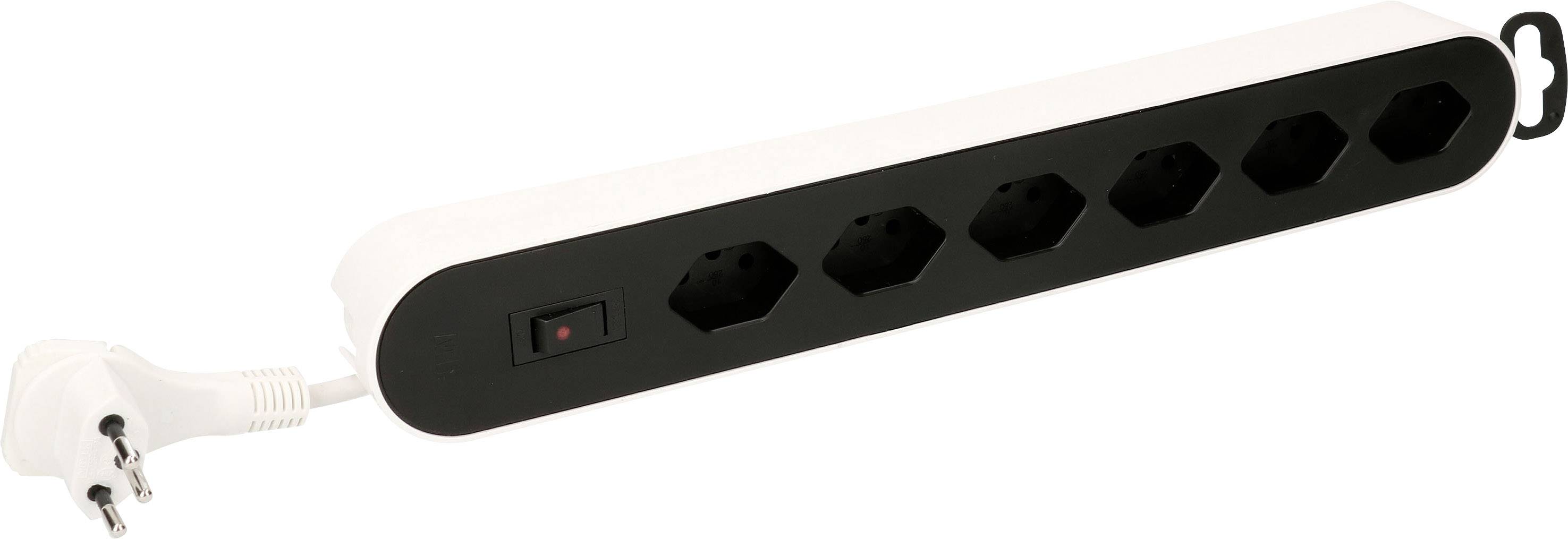 Weiße 6-fach-Steckdosenleiste mit schwarzem Einsatz und Kippschalter links, geeignet für den Anschluss mehrerer Elektrogeräte.