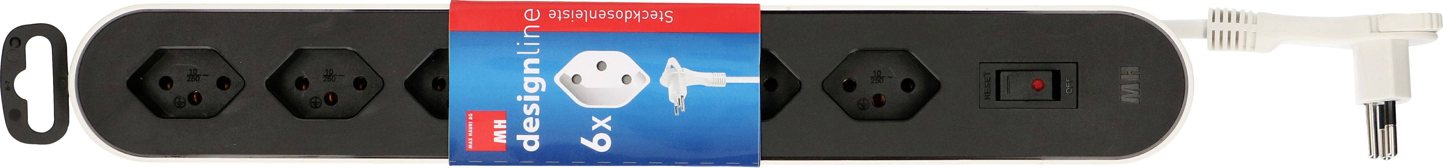 Schwarze Steckdosenleiste mit sechs Anschlüssen und Ein-/Ausschalter, verpackt in Karton mit Produktinformation 'Designline'.