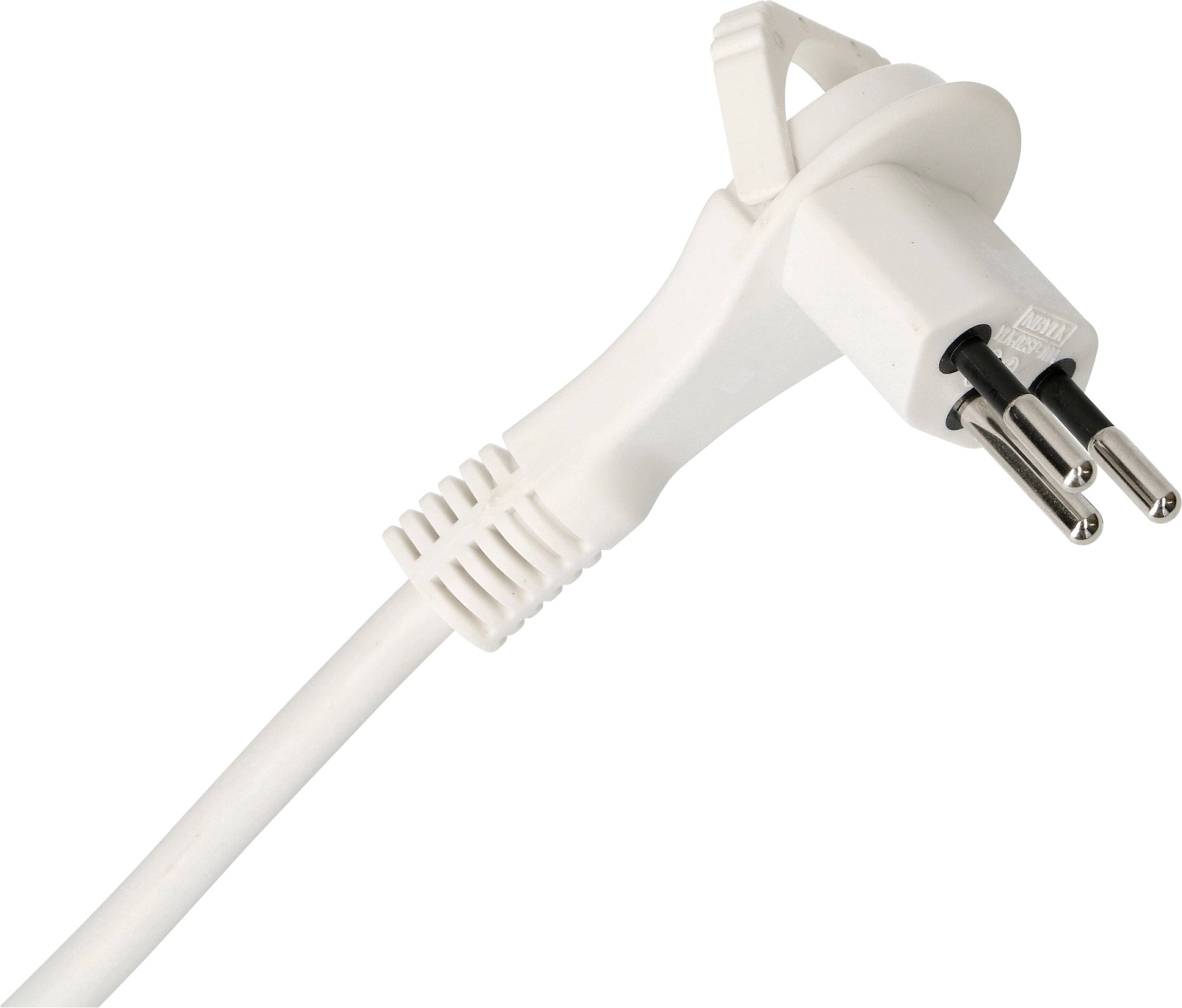 Ein weißer, dreipoliger Eurostecker mit Kabel, präsentiert auf einem neutralen Hintergrund.