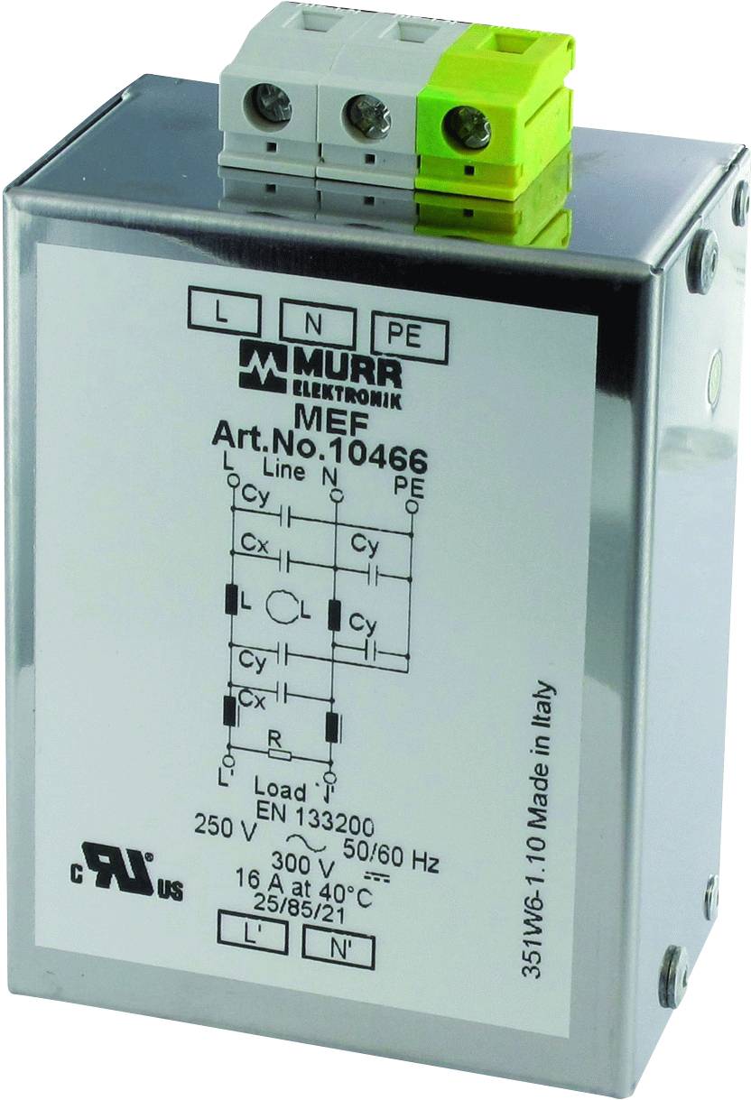 'Metallgehäuse mit grünem und grauem Anschluss, Diagramm und Text: MURR ELEKTRONIK MEE Art.No. 10466, technische Spezifikationen.'