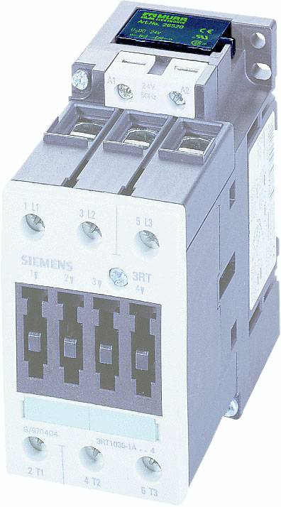 Ein elektromechanisches Schütz von Siemens, grau und rechteckig, zur Steuerung von elektrischen Stromkreisen in industriellen Anwendungen.