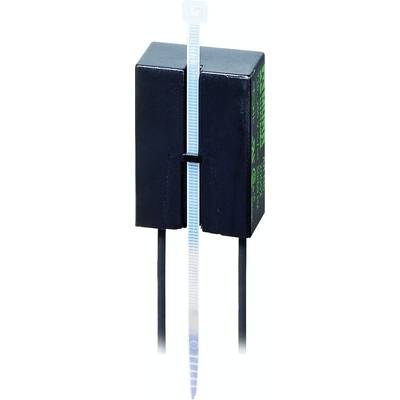 Schwarzer elektrischer Kondensator mit zwei ausgehenden Drähten, gehalten von einem weißen Kabelbinder.