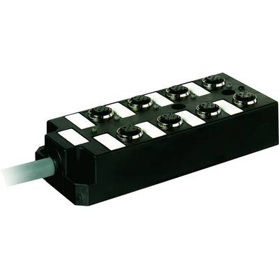 Ein schwarzer Verteilerblock mit Steckverbindungen und einem angeschlossenen Kabel, geeignet für industrielle Anwendungen.