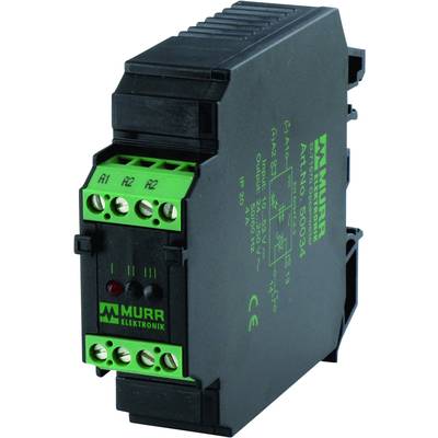 Ein schwarzes und grünes Murr Elektronik Relaismodul mit mehreren Anschlussklemmen, Modellnummer 50034, geeignet für Schaltanwendungen.