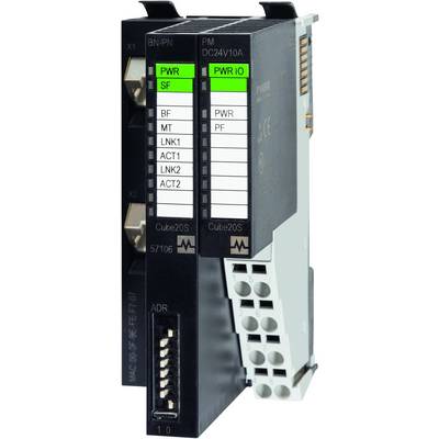 Ein Controller-Modul mit Status-LEDs an der Vorderseite. Links sind Anschlussbuchsen sichtbar. Hauptfarben sind Schwarz und Weiß.