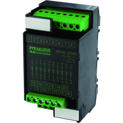 Ein schwarzes elektrisches Gerät mit grünen Anschlüssen und Aufschrift 'MURR Elektronik'. Es zeigt Art.-Nr. 67066 und Spannung.
