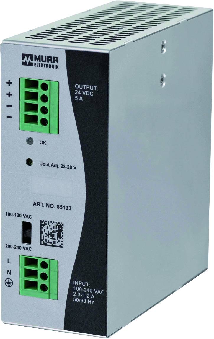 Ein Schaltnetzteil von MURR Elektronik, Modell 85133, mit Eingängen für 100-120VAC und 200-240VAC, Ausgang 24VDC, 5A.