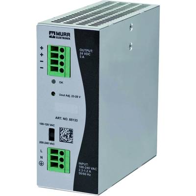 Ein Schaltnetzteil von MURR Elektronik, Modell 85133, mit Eingängen für 100-120VAC und 200-240VAC, Ausgang 24VDC, 5A.