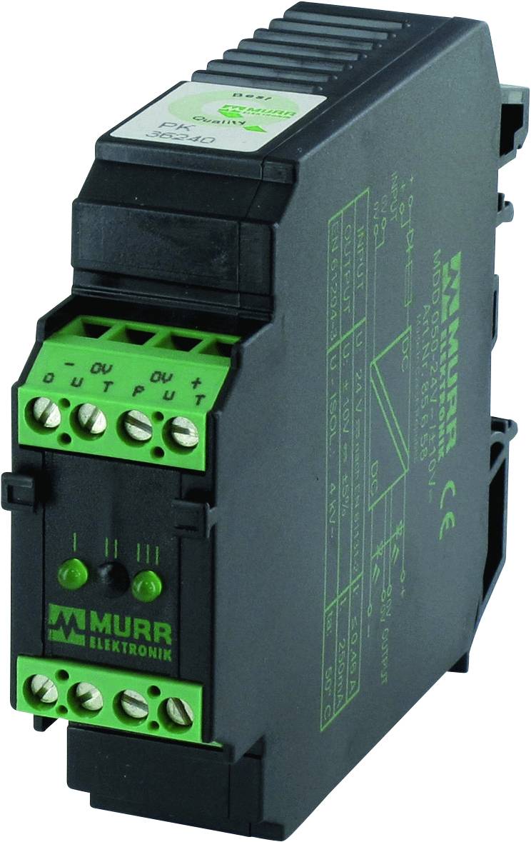 Ein schwarzes Elektronikmodul von Murrelektronik mit grünen Anschlussklemmen und technischen Spezifikationen auf der Seite.