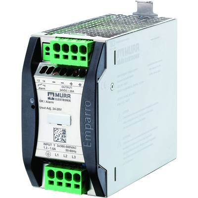 Ein Schaltnetzteil von Murr Elektronik mit grünen Anschlüssen zur Spannungsversorgung. Geeignet für 24-28V mit Alarmausgang.