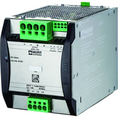 Ein rechteckiges elektrisches Gerät mit grünem Anschlussblock. Beschriftungen zeigen Ein- und Ausgangsspannung von 230V bis 500VAC und 24VDC.