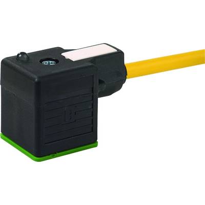Schwarzer Sensor mit gelbem Kabel, rechteckiger Form und grüner Basis. Hauptsächlich für industrielle Anwendungen konzipiert.