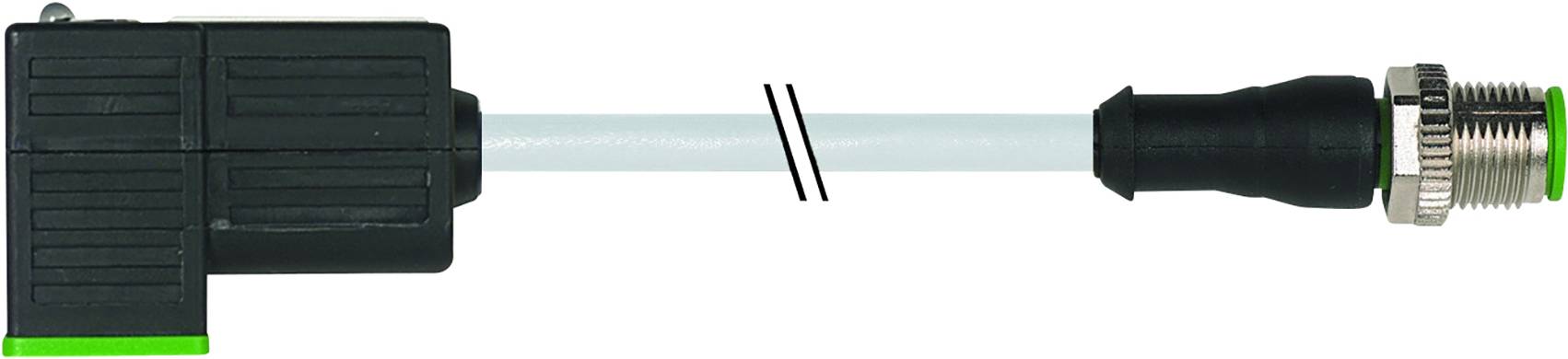 'Industrieller M12 Rundsteckverbinder mit Kabel verbunden zu einem rechteckigen Stecker. Beide Stecker haben grüne Markierungen.'