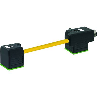Ein rechteckiger schwarzer Sensor mit gelbem Kabel verbindet zwei schwarze Gehäuse, die auf grünen Sockeln montiert sind.