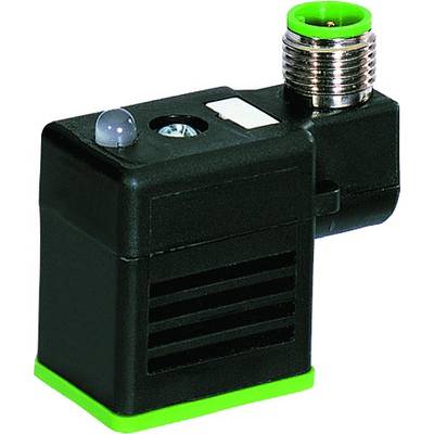 Ein schwarzer elektrischer Steckverbinder mit grünem Sockel und Anschluss. Oberhalb befindet sich eine LED-Anzeige. Geeignet für industrielle Anwendungen.