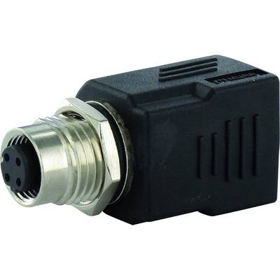 Schwarzer M12-Stecker mit Metallgewinde und vier Steckplätzen, geeignet für robuste industrielle Anwendungen und Sensorverbindungen.