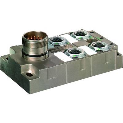 Ein elektronisches Modul mit Metallgehäuse und mehreren runden Steckverbindern oben, zeigt industrielle Anwendungsmöglichkeiten.