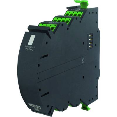 Ein schwarzes, schlankes elektrisches Gerät mit grünen Steckverbindungen an der Oberseite. Logo und Modellnummer auf der Vorderseite.