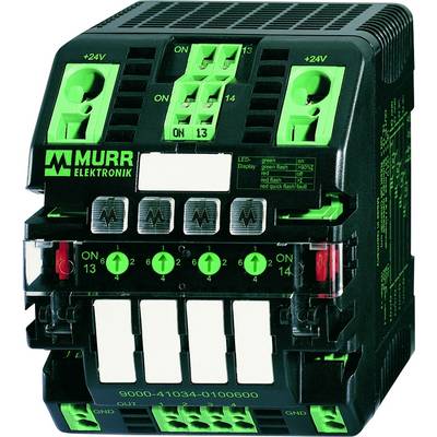 Ein elektronisches Relaismodul mit grünen und roten LED-Anzeigen für Betriebsstatus. Beschriftet mit '+24V' und 'ON 13'.