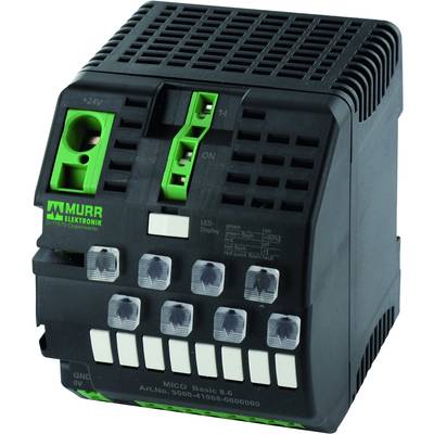 Schwarzes elektronisches Gerät mit grünem und weißen Markierungen, Logo 'Murrelektronik' sichtbar, mit mehreren Anschlüssen und Schaltern.