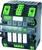 Ein elektrisches Steuergerät mit grün-schwarzem Gehäuse, mehreren Anschlüssen, Schaltern auf der Vorderseite und LED-Anzeigen.