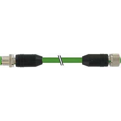 Ein grünes Kabel ist in zwei Teile geteilt, verbunden durch zwei schwarze Stecker an jedem Ende. Schraubverschlüsse sind auf den Steckern sichtbar.