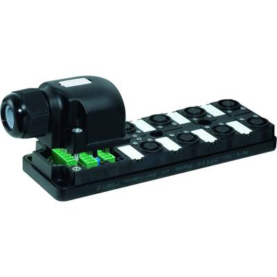 Ein schwarzes elektrisches Anschlussmodul mit mehreren Steckverbindungen und grünen Klemmen, verwendet für industrielle Anwendungen.