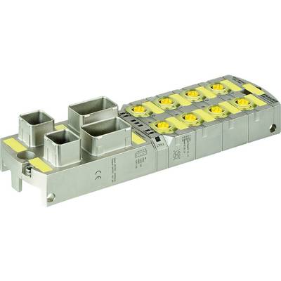 Metallisches elektronisches Modul mit mehreren gelben Steckverbindungen und rechteckigen Öffnungen. Wird in industriellen Anwendungen genutzt.