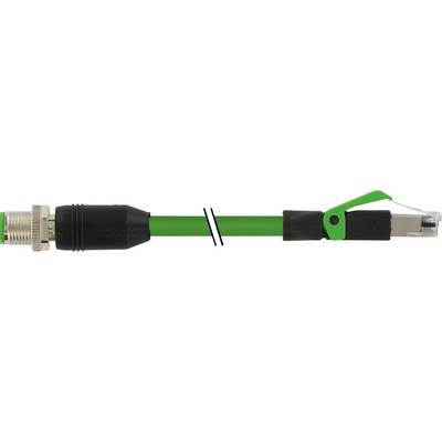 Ein grüner Ethernet-Kabel mit RJ45-Stecker auf der einen und einem runden Adapter auf der anderen Seite.