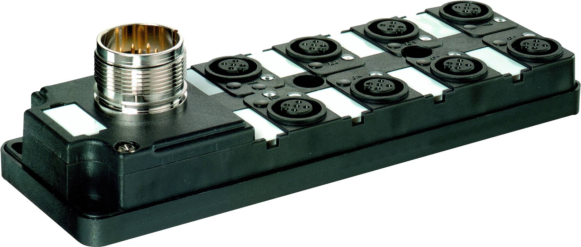 Ein elektrischer Verteilerblock mit mehreren runden Steckplätzen und silbernem Steckanschluss oben links, verwendet für industrielle Verkabelung.