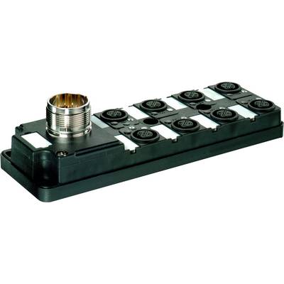 Ein elektrischer Verteilerblock mit mehreren runden Steckplätzen und silbernem Steckanschluss oben links, verwendet für industrielle Verkabelung.
