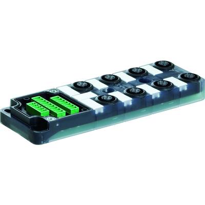 Ein rechteckiges elektronisches Verbindungsmodul mit mehreren runden Anschlussbuchsen und grünen Kabelklemmen links.