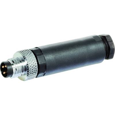 Ein schwarzer elektronischer Stecker mit Metallgewinde und drei Kupferpins am Ende, zeigt die Anschlussseite nach links.