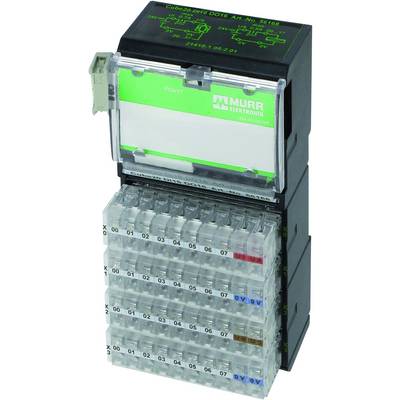 Ein elektronisches Modul mit grüner Frontplatte und mehreren Anschlussterminals darunter, verwendet zur industriellen Automatisierung.