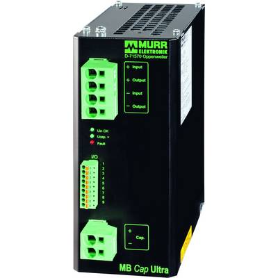 Ein schwarzes Gerät mit grünen Anschlüssen und Aufschrift 'MURR Elektronik'. Es zeigt 'Input', 'Output' und Statusanzeigen.