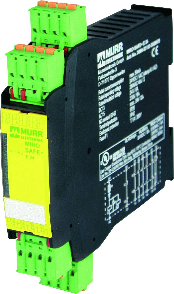 'Ein digitales Sicherheitsrelais der Marke Murrelektronik, Typ MIRO SAFE+, in grüner und schwarzer Farbe mit gelben Etiketten.'