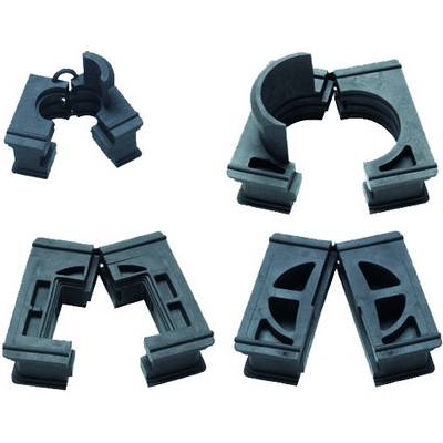 Vier schwarze Kunststoffklemmen in verschiedenen Formen und geöffnetem Zustand, geeignet zum Halten und Befestigen von Rohren.