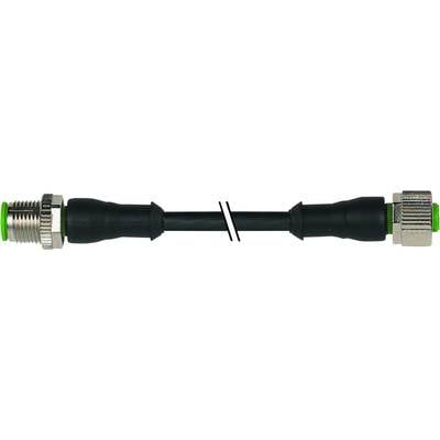 Ein schwarzes Kabel mit silbernen und grünen Anschlüssen an beiden Enden, zeigt zwei Steckverbinder in symmetrischer Anordnung.