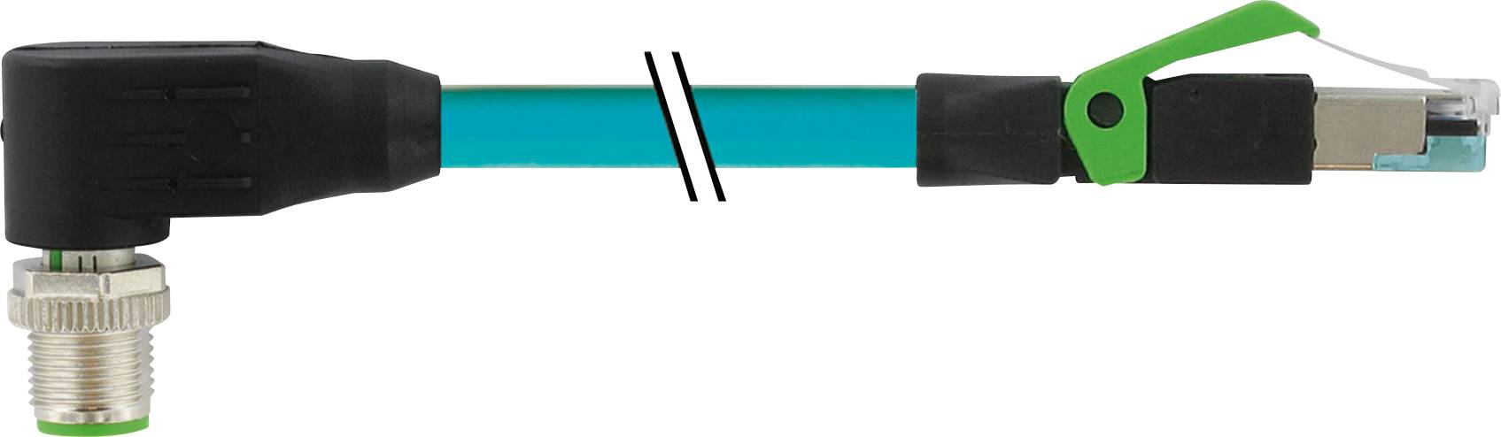 Ein blaues Ethernet-Kabel mit einem rechten Winkel, schwarzem Schutz und grünem Verschluss ist abgebildet.