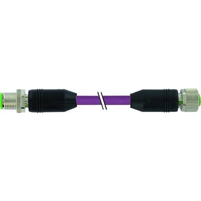 Ein lila Kabel mit zwei Steckverbindern an den Enden. Der Kabelmantel ist aufgeschnitten, um das innere grüne Kabel zu zeigen.