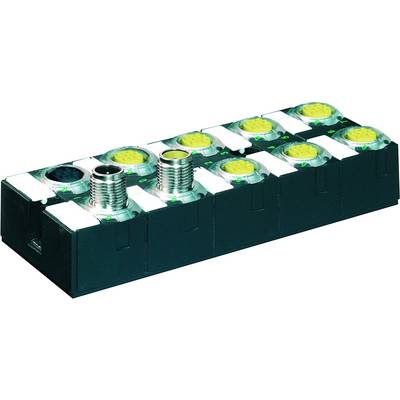 Ein schwarzes Bauteil mit mehreren grünen und gelben beleuchteten LEDs und zwei metallenen Steckern, wahrscheinlich für industrielle Anwendungen.