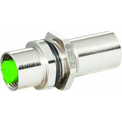 Ein silberner Metallzylinder mit einer grünen Innenkomponente. Möglicherweise ein Steckverbinder oder Adapter mit Gewindering.