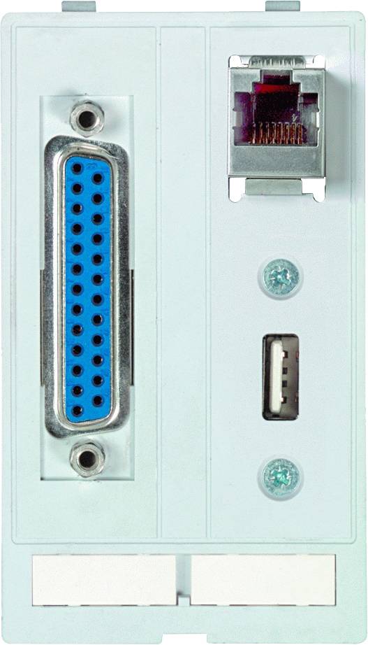 'Anschlussplatte mit parallelem Anschluss, USB-Anschluss und Ethernet-Port in einem weißen Gehäuse.'