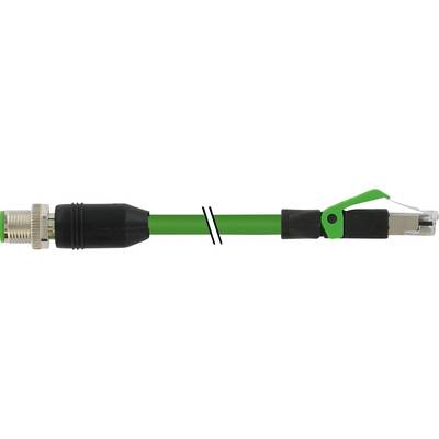 Grünes Netzwerkkabel mit Steckern an beiden Enden, links mit schützender schwarzer Hülle, rechts transparent mit Verriegelungsmechanismus.