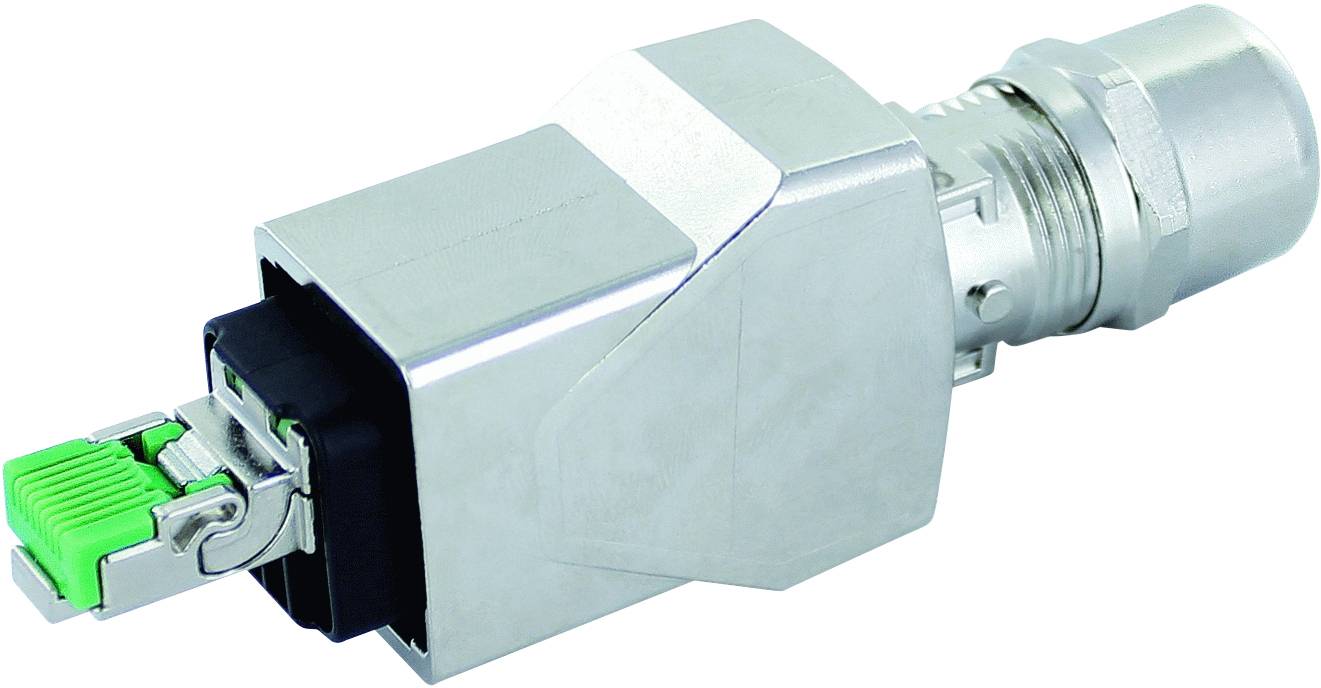 Ein LWL-Steckverbinder mit einem silbernen Gehäuse und grünem Clip, verwendet in Glasfaser-Netzwerken für schnelle Datenübertragung.