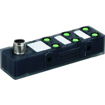 Ein schwarzer Verteilerblock mit grün leuchtenden Anschlüssen und einem Steckeradapter.